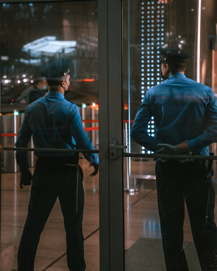 Security guards standing by glass doors, protecting a building entrance at night.